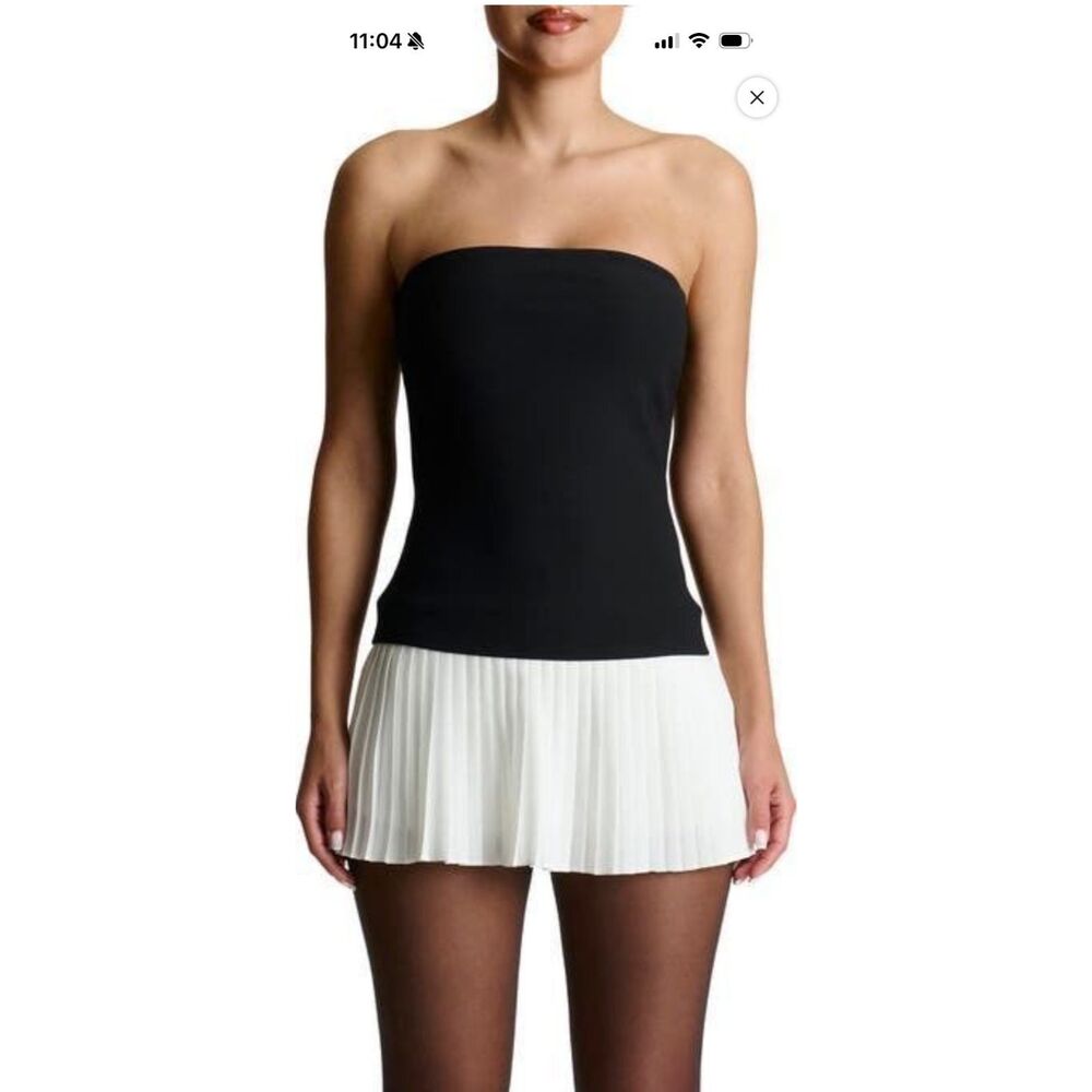 naked wardrobe Strapless Black Top with White Pleated Hem L